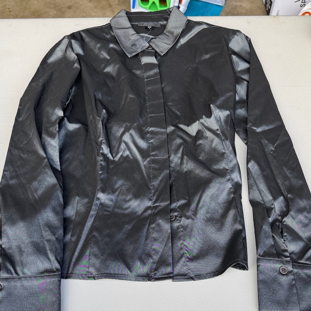 BCBG Shimmering Gray Button Up